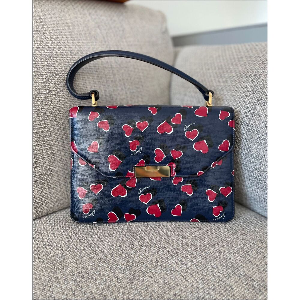 GUCCI Heartbeat Shanghai Top Handle Bag - Navy blue w/ RED hearts - HARD TO FIND